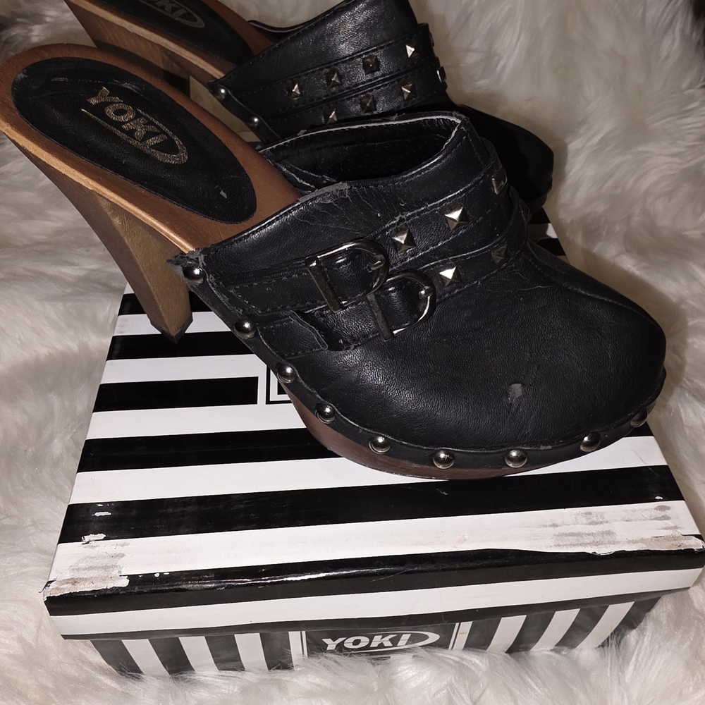 Yoki Black Leather Clogs with Studs